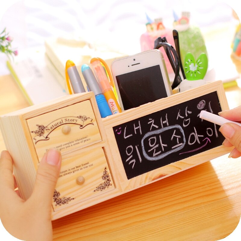 Offisupply™ - Wooden Desk Organiser/Pen Holder with Drawers and Blackboard