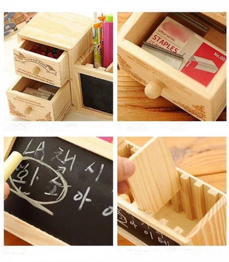 Offisupply™ - Wooden Desk Organiser/Pen Holder with Drawers and Blackboard