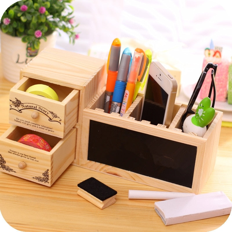 Offisupply™ - Wooden Desk Organiser/Pen Holder with Drawers and Blackboard